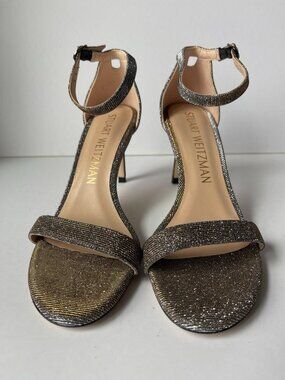 Stuart Weitzman NuNakedStraight Pyrite Metallic Sandal Stiletto Heel